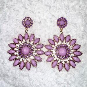 Purple Rhinestone & Gold-toned Flower Statement Drop Earrings